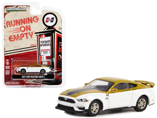 Greenlight 2021 Ford Mustang Mach 1 White and Gold with Black Stripe "Hurst Performance" "Running on Empty" Series 15 1/64 Diecast Model Car by Greenlight