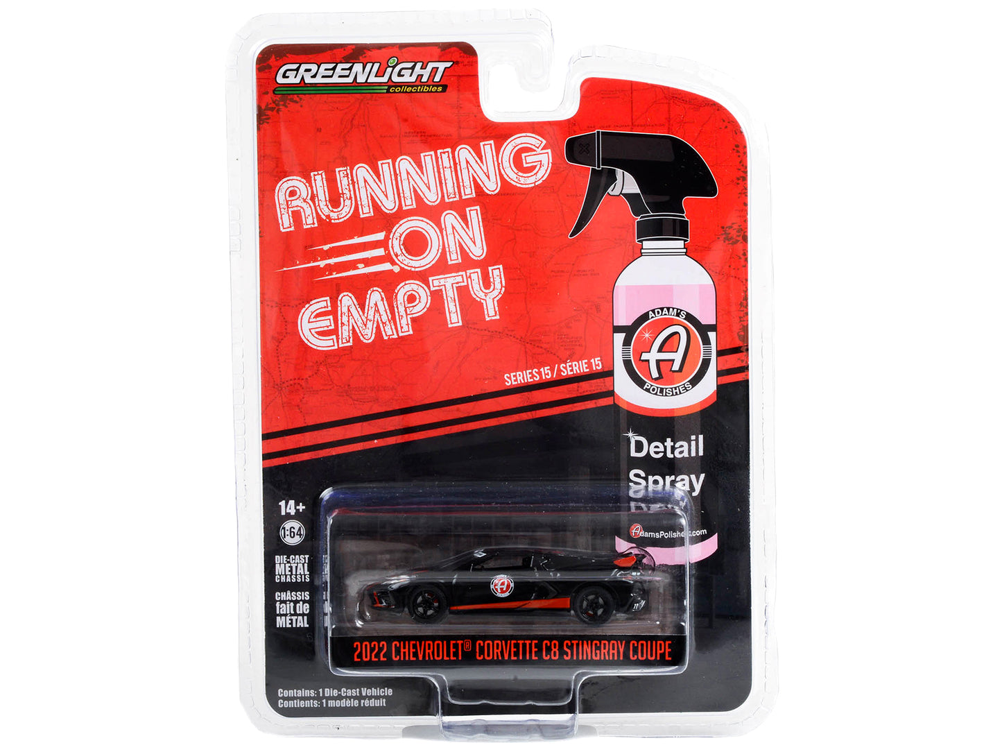 Greenlight 2022 Chevrolet Corvette C8 Stingray Coupe Black with Red Stripes "Adam's Polishes" "Running on Empty" Series 15 1/64 Diecast Model Car by Greenlight