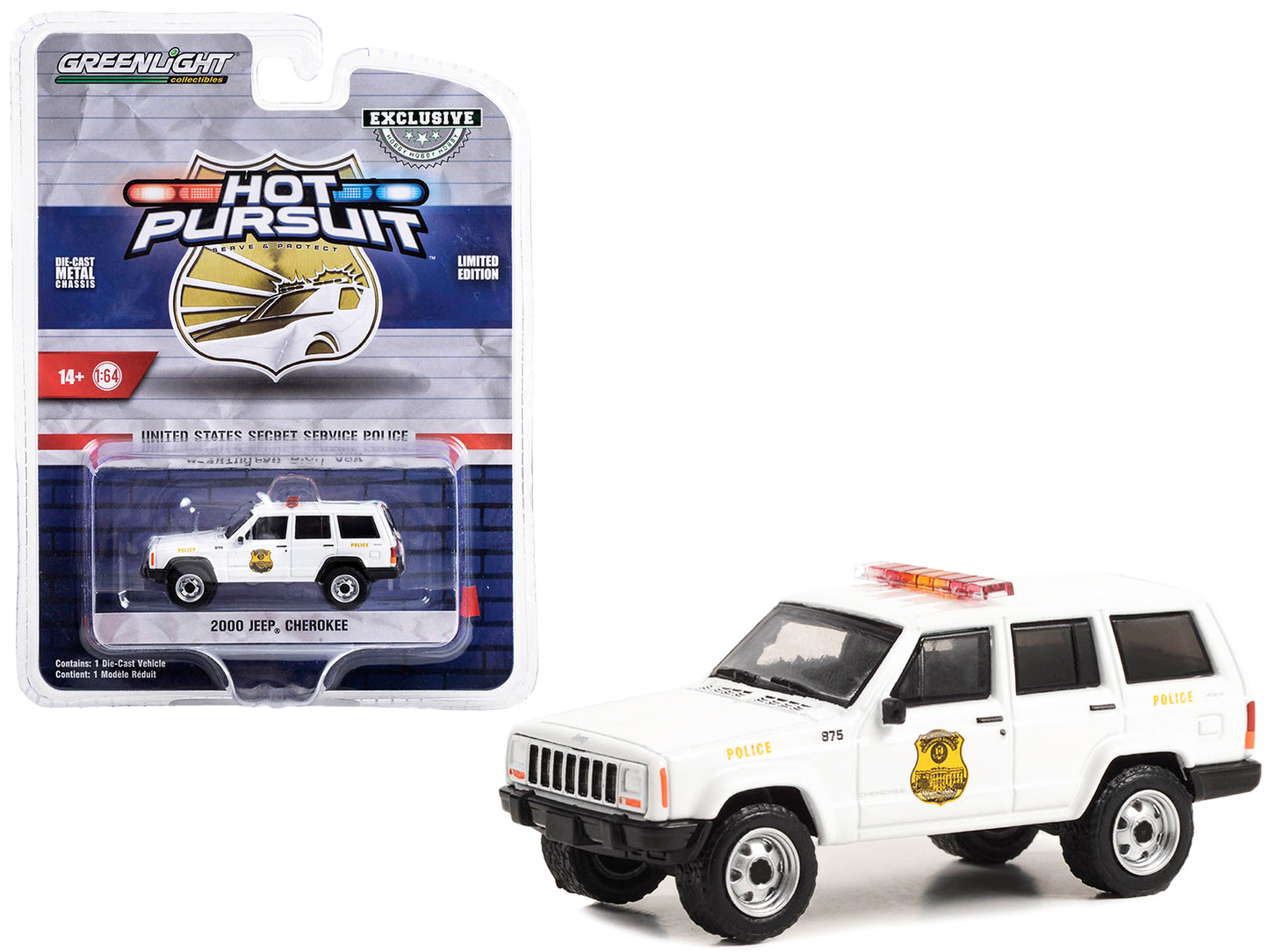 Greenlight 2000 Jeep Cherokee White "United States Secret Service Police" Washington DC "Hot Pursuit" Special Edition 1/64 Diecast Model Car by Greenlight