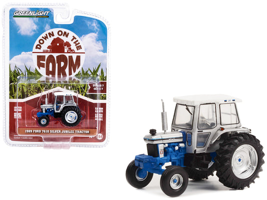 Greenlight 1989 Ford 7610 Silver Jubilee Tractor Silver and Blue with White Top "Down on the Farm" Series 7 1/64 Diecast Model Cars by Greenlight