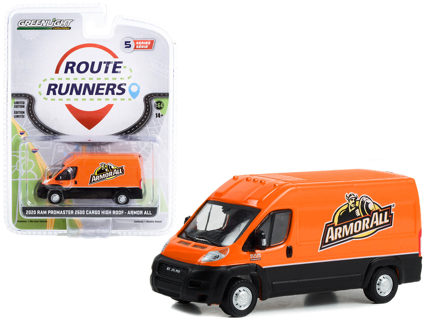 Greenlight 2020 Ram ProMaster 2500 Cargo High Roof Van "Armor All" Orange and Black "Route Runners" Series 5 1/64 Diecast Model Car by Greenlight