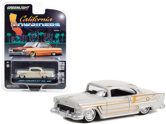Greenlight 1955 Chevrolet Bel Air Custom Light Gray Metallic and Gold Graphics "California Lowriders" Series 2 1/64 Diecast Model Car by Greenlight