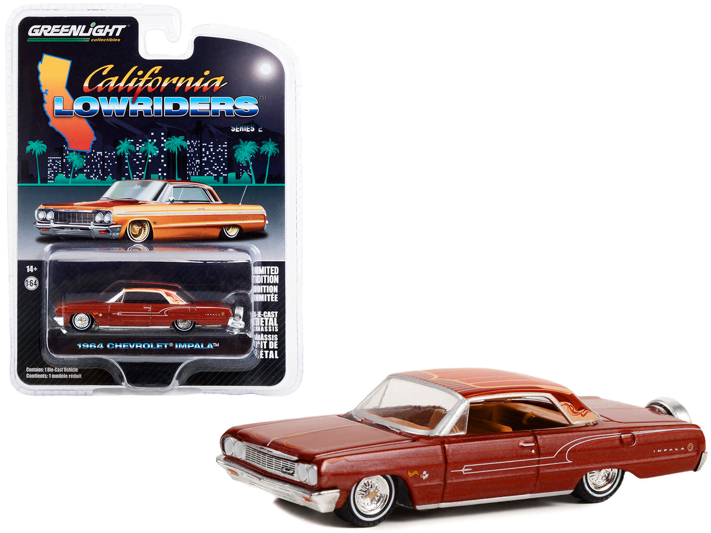 Greenlight 1964 Chevrolet Impala Copper Brown Metallic with Graphics "California Lowriders" Series 2 1/64 Diecast Model Car by Greenlight