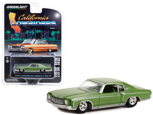 Greenlight 1970 Chevrolet Monte Carlo Green Metallic with Green Interior "California Lowriders" Series 2 1/64 Diecast Model Car by Greenlight