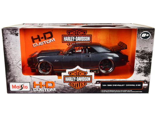 Maisto 1968 Chevrolet Camaro Z/28 Dark Gray Metallic with Black and Orange Stripes "Harley Davidson" "H-D Custom" 1/24 Diecast Model Car by Maisto